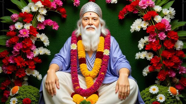 Majestic Sai Baba Statue Centered Guru Purnima Celebration 4K Footage