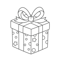 Simple Line Drawing:  A Beautifully Wrapped Gift Box with a Large Bow, Perfect for Holiday or Birthday Designs.