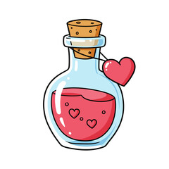 Cartoon Love Potion Bottle:  Romantic, whimsical illustration of a heart-shaped bottle filled with pink liquid, perfect for Valentine's Day, love, and magical themes.