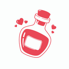 Cartoon Love Potion Bottle:  Romantic, whimsical illustration of a heart-shaped bottle filled with pink liquid, perfect for Valentine's Day, love, and magical themes.