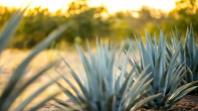 Agave plants against a blurred golden landscape