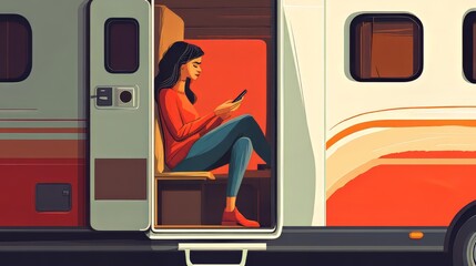 Woman sitting at camper door with smartphone