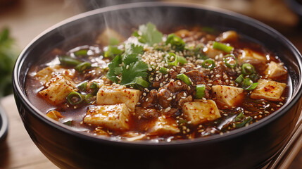 Beef stew served with vegetables and rice in a traditional dinner bowl