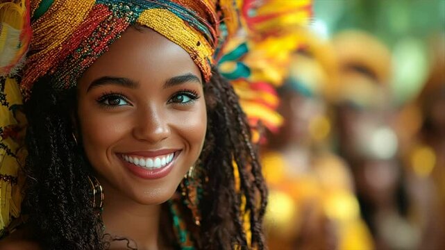 Smiling woman in vibrant headdress and braids