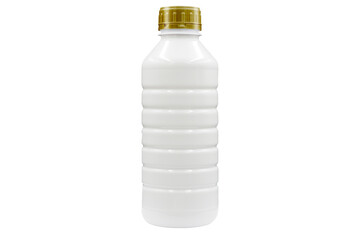 White plastic bottle with gold cap on white background with clipping path