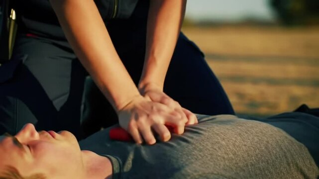 Hands Performing CPR on a Person Outdoors During Emergency Situation
