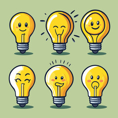 Yellow Light Bulb Cartoon Characters Set Collection , vector style simple color