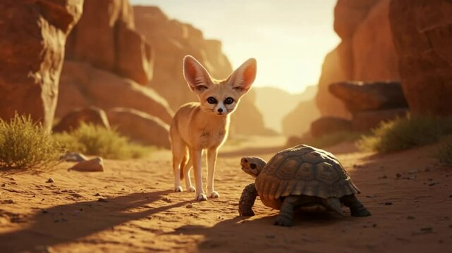 Fennec Fox Watching Tortoise Walking Slowly in Desert Landscape
