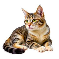 Fototapeta premium A beautiful Bengal cat lies down calmly against a isolated background, highlighting its vivid green eyes, intricate coat patterns, and alert expression.