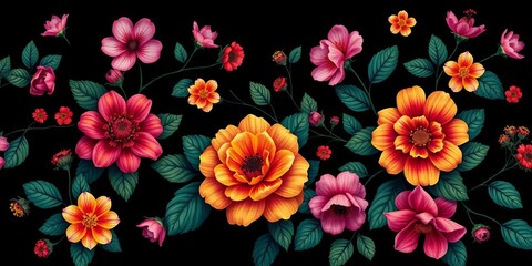 Vibrant floral wallpaper with rich jewel tones on black,  luxury,  botanical