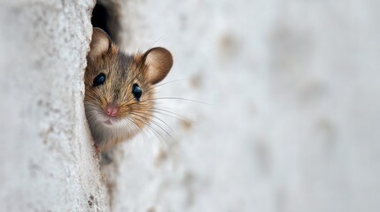a curious mouse peeking out of a hole in the wall.