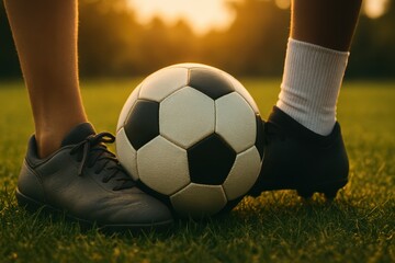 Close-Up View of Soccer Player's Shoes Next to a Black and White Soccer Ball on Green Grass