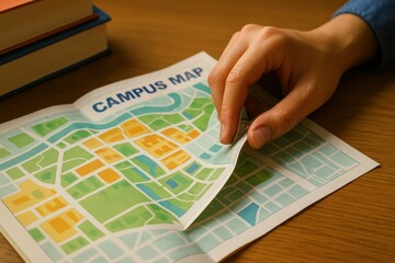 Close-Up of Hand Holding Campus Map on Wooden Table with Text and Colorful Layout Design