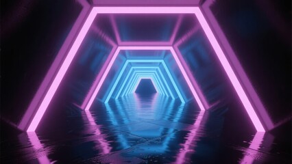 Fototapeta premium Neon-lit hexagonal tunnel with reflective floor