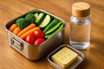 Fresh Vegetables and Water Bottle on Wooden Table for Healthy Lifestyle and Meal Prep