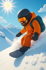Snowboarder carving through fresh powder on a sunny mountain slope
