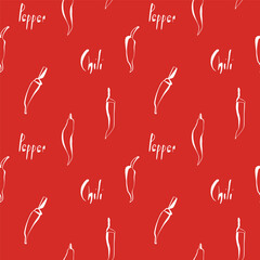 Seamless chili pepper pattern with text on red background ideal for wrapping paper kitchen textiles or hot sauce labels