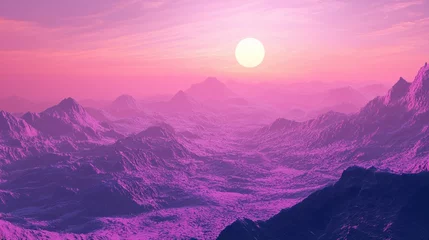 Gardinen A surreal, pink and purple landscape with a large, round, white sun in the sky. © Dara