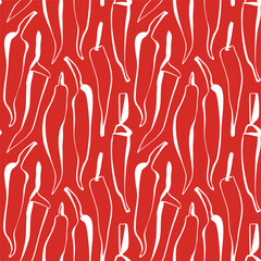 Seamless hand drawn chili pepper pattern in minimal red line art perfect for packaging surface design or kitchen decor