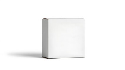 A simple studio shot of a clean white cardboard box on a white background with a subtle shadow