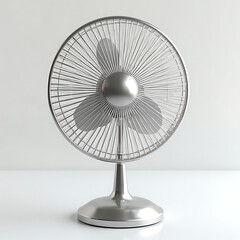 A modern silver desk fan with a metallic finish against a plain white background