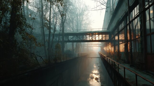 Misty morning canal with footbridge and factory.