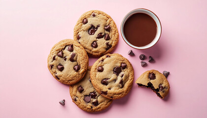 Tasty cookies with chocolate chips and bowl