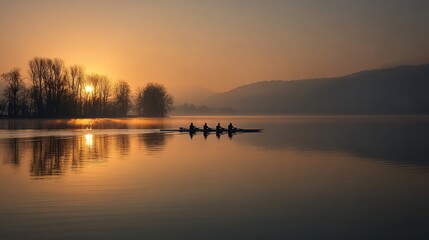 a rowing team on a lake at sunrise.