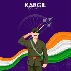 Kargil Vijay Diwas: Soldier's salute, Indian flag, and fighter jets