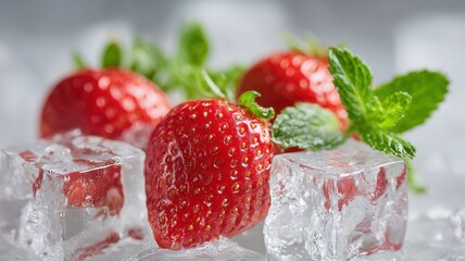 Fresh strawberries resting on ice cubes with mint leaves, creating a refreshing ambiance.