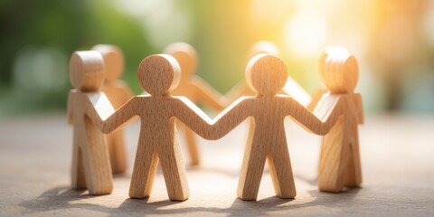 Wooden figures holding hands symbolize unity and teamwork in a warm, natural setting.