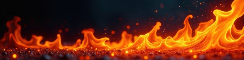 Fiery orange and yellow flames dance against a deep black backdrop , abstract, background image, wildfire