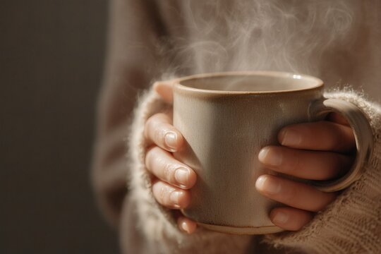 Cozy morning with hot beverage.  A woman holds a steaming mug, wrapped in a soft sweater, radiating warmth and relaxation.
