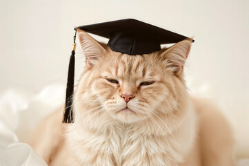 Cat resting with a graduation cap, symbolizing the end of a journey and new beginnings.