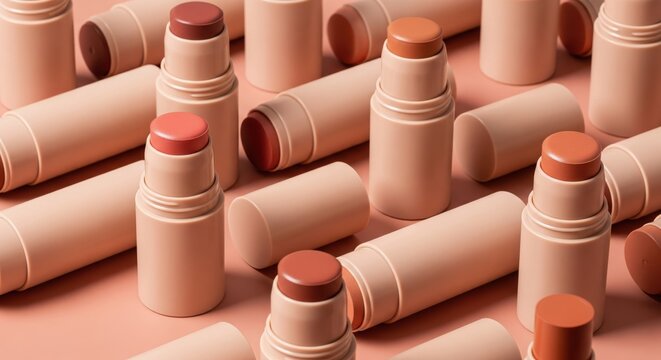 Close-up of assorted beige and brown cosmetic foundation sticks on pink