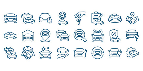 Car dealer, vehicle and automobile industry related editable stroke outline icons set isolated on white background flat vector illustration.