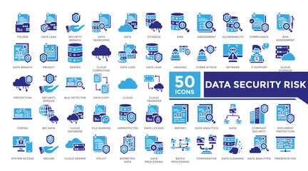 Data security risk icon solid two color set collection. This set includes data leak, vulnerability, security service, big data and more icons in solid style. Vector icons collection for infographics
