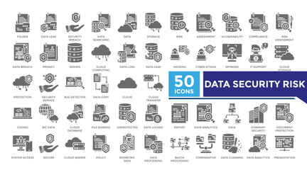 Data security risk solid icon set collection. This set includes data leak, vulnerability, security service, big data and more icons in solid style. Vector icons collection for infographics