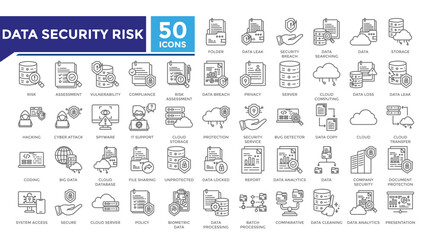 Data security risk lineal icon set collection. This set includes data leak, vulnerability, security service, big data and more icons in lineal style. Vector icons collection for infographics