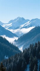 Obraz premium Snow-Capped Mountains and Forested Valleys with Low Clouds