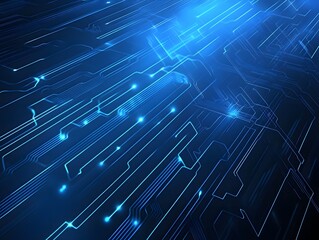 Obraz premium Abstract blue circuit board pattern glowing with light lines, dark gradient background, high-tech digital feel.