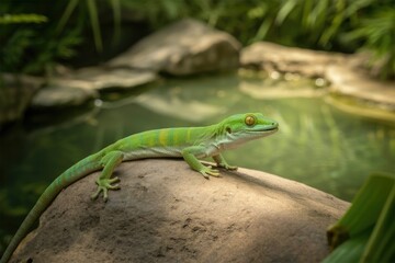 Fototapeta premium A vibrant green gecko perched on a rock reflecting on a calm pond in a natural environment looking alert