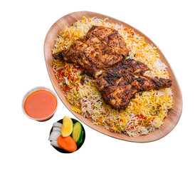 omani chicken mandi briyani with salad and sauce 