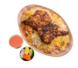 omani chicken mandi briyani with salad and sauce 