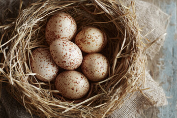 Fototapeta premium Duck egg in straw nest looks so fresh and natural