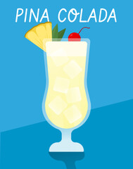 Pina Colada cocktail with pineapple garnish and cherry on light blue background. Tropical vector perfect for summer-themed illustrations.