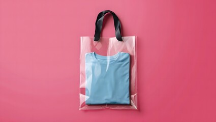 Light blue t-shirt in clear plastic shopping bag with black handles on pink background