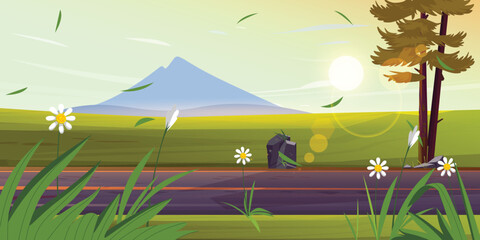 Animated view of nature with roads, mountains, beautiful flowers