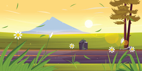 Animated view of nature with roads, mountains, beautiful flowers