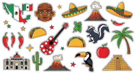Colorful Mexican Cultural Icons and Symbols in Sticker Style.